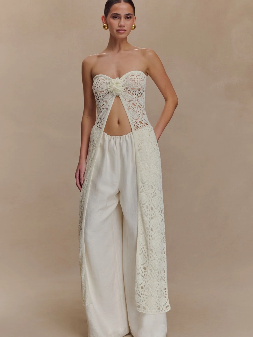 Meshki Aeline strapless crochet open front long top rosette XXS *